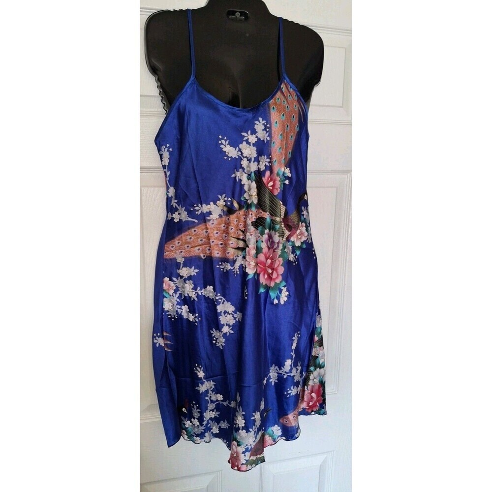 Women's Peacock Slip Dress Size 2X Shiny Satin Blue Adjustable Coquette